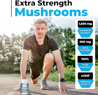 Cancer Sciences Prostate Wellness Supplements for Men, USDA Certified Organic Mushrooms Extract, Extra Strength 1,500 mg, High Potency 40% Beta-Glucans, Immune, Anti-Aging, Antioxidants, 120 Capsules