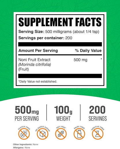 BulkSupplements.com Noni Fruit Extract Powder - Noni Fruit Supplement, Noni Fruit 500mg - Superfood Powder, Gluten Free, 500mg per Serving, 100g (3.5 oz) (Pack of 1)