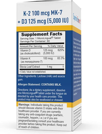 Superior Source Vitamin K-2 100 mcg with Vitamin D3 125 mcg - Bone Strength Support Supplement - Aids Healthy Joints - 60 Sublingual Dissolving Tablets