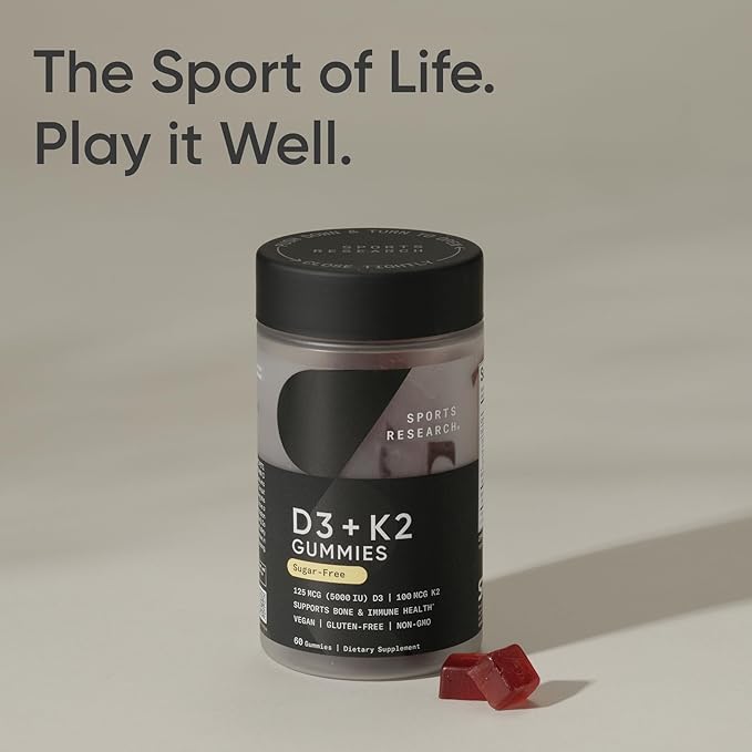 Sports Research® Vegan Vitamin D3 + K2 Gummies - 5000iu Vitamin D w/100mcg Mk7 Vitamin K for Bone & Immune Support - Vegan Certified · Non-GMO · Sugar Free - 60 Count Gummy