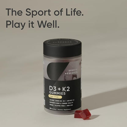 Sports Research® Vegan Vitamin D3 + K2 Gummies - 5000iu Vitamin D w/100mcg Mk7 Vitamin K for Bone & Immune Support - Vegan Certified · Non-GMO · Sugar Free - 60 Count Gummy