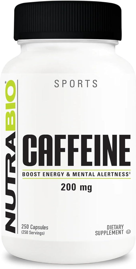 NutraBio 100% Pure Caffeine Capsules (250 Capsules)