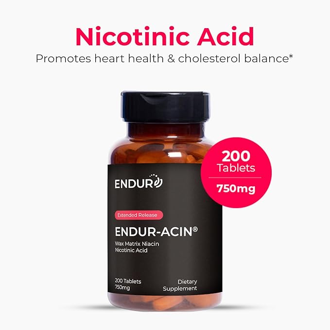 EndurAcin - Extended Release Niacin for Optimal Absorption & Low-Flush Vitamin B3 Niacin, Non-GMO, Vegan, Gluten Free Niacin 750mg, 200 Tablets