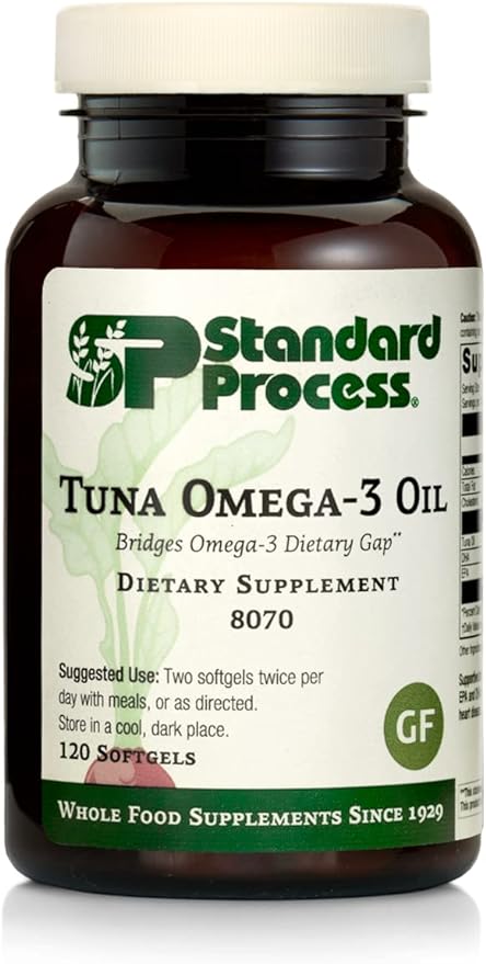 Standard Process Inc. Tuna Omega-3 Oil EPA and DHA - Whole Food Support, Brain Health and Brain Support, Eye Health, Skin Health and Hair Health with Tuna Oil - Gluten Free - 120 Softgels