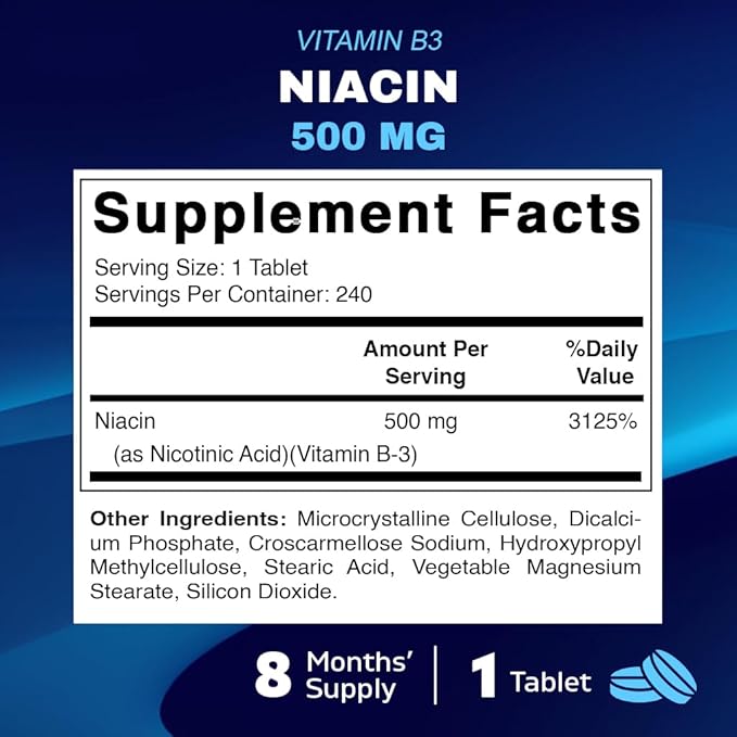 Vitamatic Niacin (Vitamin B3) 500mg, Sustained Release, 240 Tablets - Non-GMO & Gluten Free