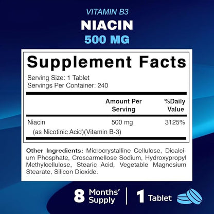 Vitamatic Niacin (Vitamin B3) 500mg, Sustained Release, 240 Tablets - Non-GMO & Gluten Free