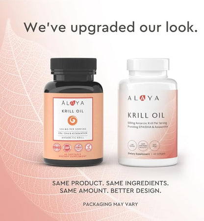 Alaya Naturals - Antarctic Krill Oil 500mg Supplement with Phospholipids, EPA/DHA Omega 3 & Astaxanthin - Non-GMO - PCB Tested Krill Oil - 60 Softgels
