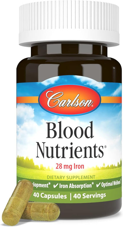 Carlson - Blood Nutrients, 28 mg Iron, Blood Development, Iron Absorption & Optimal Wellness, 40 Capsules