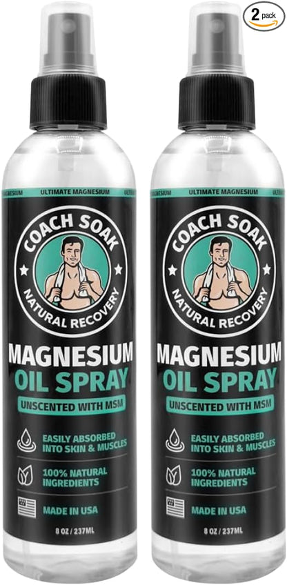 Coach Soak Magnesium Body Spray with MSM, Unscented, Extra Strength Magnesium Chloride, Pure Topical Magnesium Oil Spray for Feet & Body, Made in USA (2-Pack, 16 Fl Oz Total)