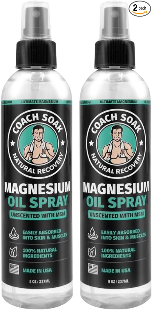 Coach Soak Magnesium Body Spray with MSM, Unscented, Extra Strength Magnesium Chloride, Pure Topical Magnesium Oil Spray for Feet & Body, Made in USA (2-Pack, 16 Fl Oz Total)