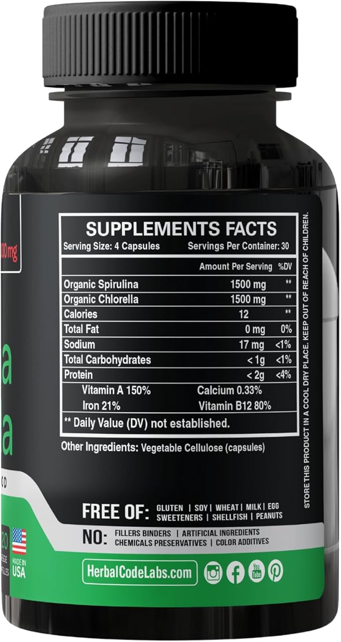 Chlorella Spirulina Powder Capsules Organic 3000 mg of BMAA Free Purest Blue Green Algae - Best Natural Detox Raw Vegan Vitamins Protein Green Superfood - Made in USA