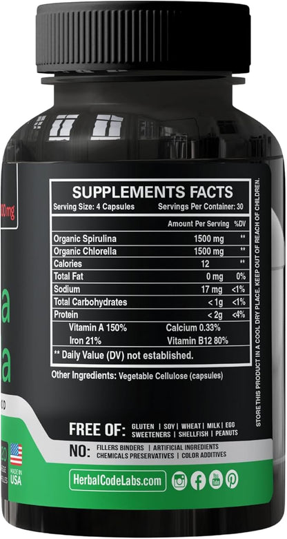 Chlorella Spirulina Powder Capsules Organic 3000 mg of BMAA Free Purest Blue Green Algae - Best Natural Detox Raw Vegan Vitamins Protein Green Superfood - Made in USA
