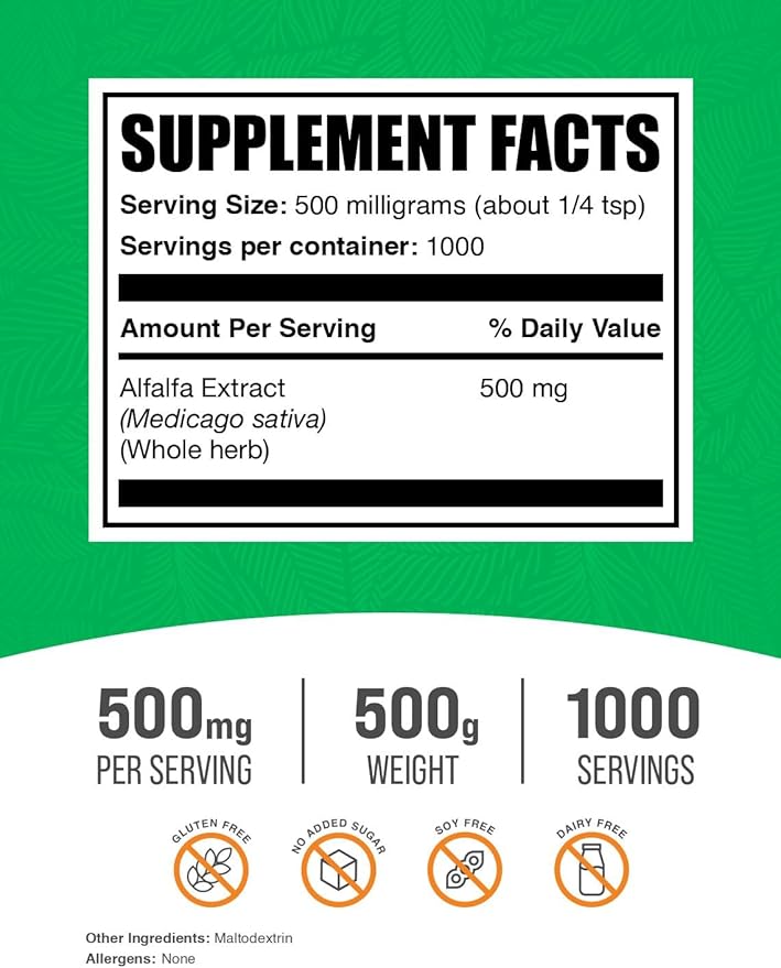 BulkSupplements.com Alfalfa Extract Powder - Greens Supplements - Green Superfood Powder - Alfalfa Powder Green Food (500 Grams 416 Servings)