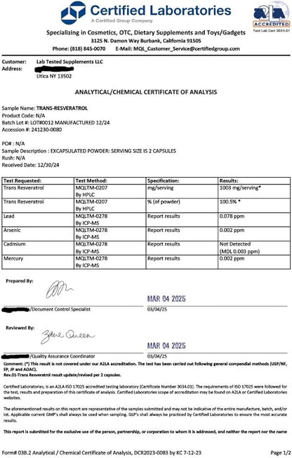 Trans-Resveratrol - 60 500mg Capsules - 3rd Party COA Provided with Every Lot# - Pure Resveratrol - No Fillers