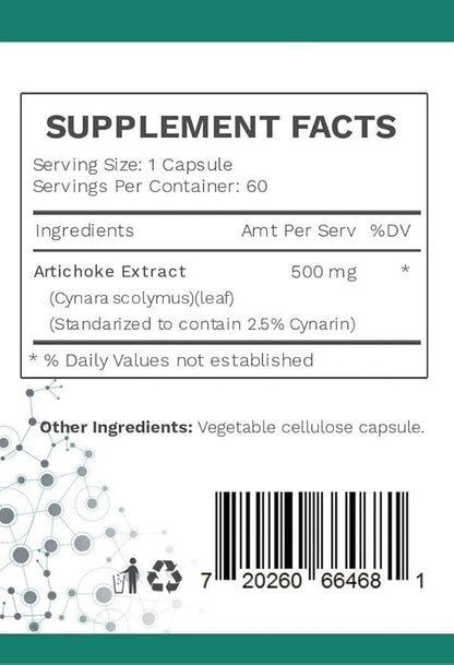 Artichoke Extract Capsules from Artichoke Leaf with Over 7mg of Cynarin A Great Source for Glucuronic Acid Content to Support Optimal Digestive Health and Estrogen Metabolism - Package May Vary