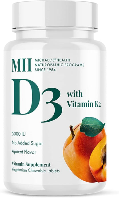 MICHAEL'S Health Naturopathic Programs Vitamin D3 with K2 - 90 Chewable Tablets - Apricot Flavor - Skeletal & Immune System Support - No Added Sugar - Vegetarian & Kosher - 90 Servings