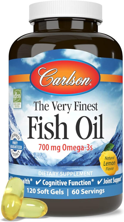 Carlson - The Very Finest Fish Oil, 700 mg Omega-3s, Norwegian Fish Oil Supplement, Wild Caught Omega 3 Fish Oil, Sustainably Sourced Fish Oil Capsules, Omega 3 Supplement, Lemon, 120 Softgels
