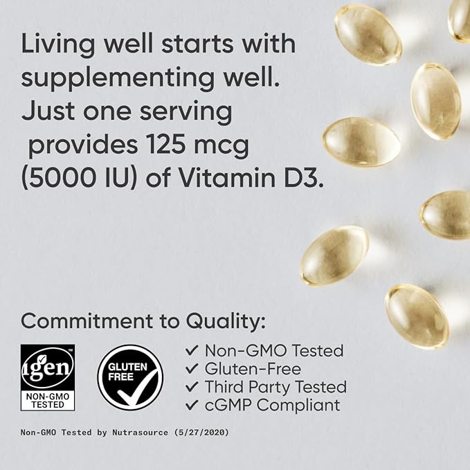 Sports Research Vitamin D3 5000iu (125mcg) with Coconut Oil ~ High Potency Vitamin D for Immune & Bone Support ~ Non-GMO Verified, Gluten & Soy Free (360 Mini-Liquid Softgels)