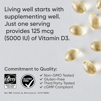 Sports Research Vitamin D3 5000iu (125mcg) with Coconut Oil ~ High Potency Vitamin D for Immune & Bone Support ~ Non-GMO Verified, Gluten & Soy Free (360 Mini-Liquid Softgels)
