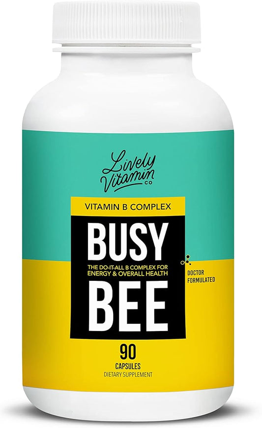 LIVELY VITAMIN CO. Busy Bee - Highly Bioavailable Vitamin B Complex with Choline - Energy - Stress - Brain Fog - Mental Clarity - Oxidative Damage - Dairy Soy Gluten Free - 90 Vegan Capsules