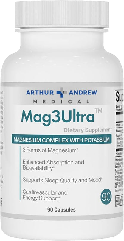 Arthur Andrew Medical, Mag3Ultra Triple Magnesium Supplement, Sucrosomial, Bisglycinate, Taurate for Muscle, Stress, Mood, Nerve, Bone & Heart Support, 90 Capsules