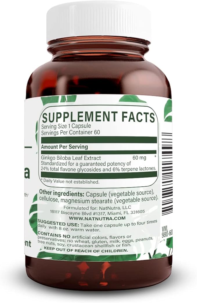 Natural Nutra Ginkgo Biloba, Improves Circulation to The Brain and Boosts Memory, Increases Oxygen Flow, and Enhancing Brain Function, Support Nerve Health, Vegan and Gluten Free, (60) Capsules