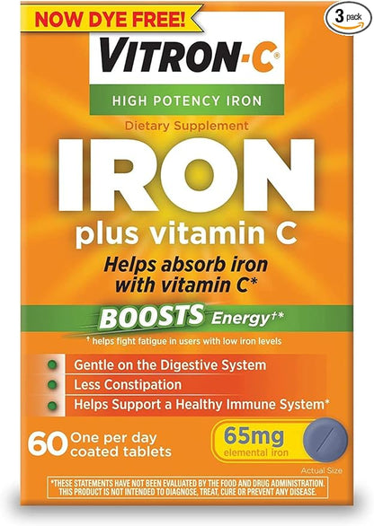 Vitron-C High Potency Iron Dietary Supplement Plus Vitamin C, 60 Coated Tablets (Pack of 3)