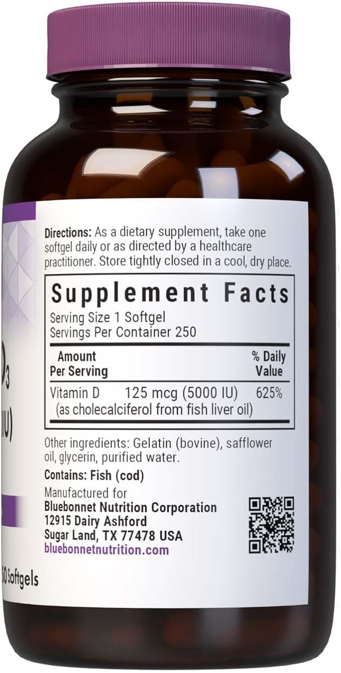 Bluebonnet Nutrition Vitamin D3 5000 IU Softgels, Aids in Muscle and Skeletal Growth, Cholecalciferol from Fish Oil, Non GMO, Gluten Free, Soy Free, Dairy Free, Yellow, 250 Softgels