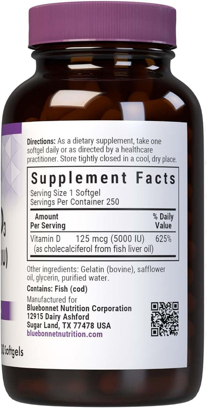 Bluebonnet Nutrition Vitamin D3 5000 IU Softgels, Aids in Muscle and Skeletal Growth, Cholecalciferol from Fish Oil, Non GMO, Gluten Free, Soy Free, Dairy Free, Yellow, 250 Softgels