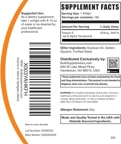 BulkSupplements.com Vitamin E 1000 IU Softgels - Vitamin E Supplement, Essential Antioxidant Support - Gluten Free, 1 Softgel per Serving, 180 Count (Pack of 1)