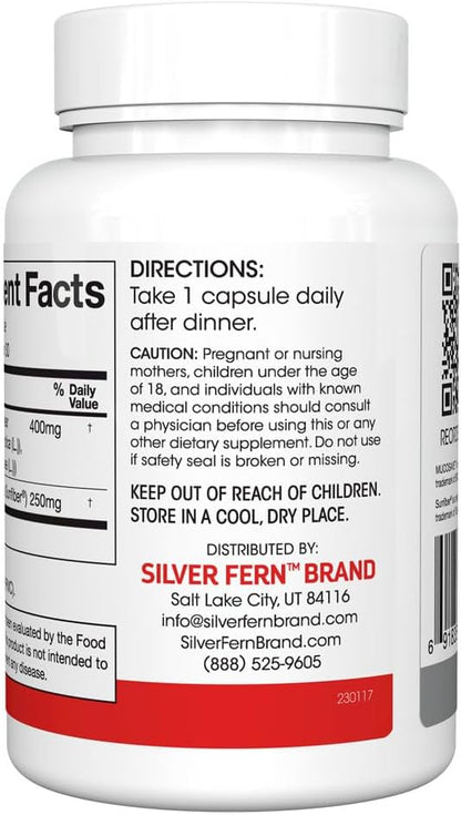 Silver Fern Regularity Digestive Supplement Capsules Brand - 1 Bottle = 30 Capsules = 30 Day Supply - Mucosave FG (Prickly Pear Polysaccharides & Olive Leaf Polyphenols) & SunFiber