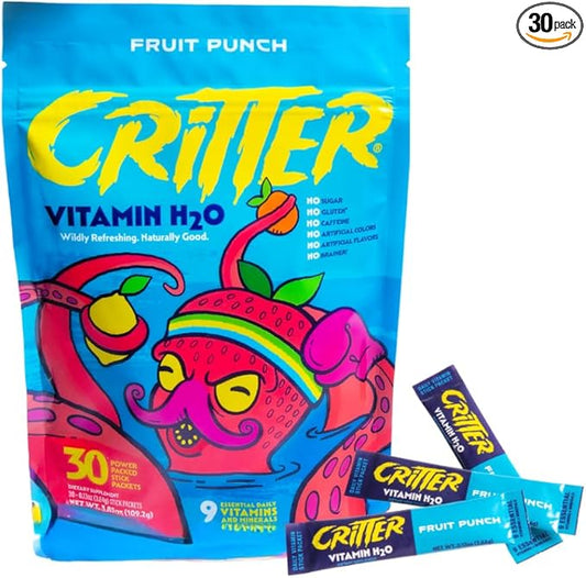 Critter Vitamin H2O – Kids’ Hydration & Multivitamin Drink Mix – Electrolytes, Essential Vitamins, Delicious Natural Flavors – 30 Single-Serve Packets