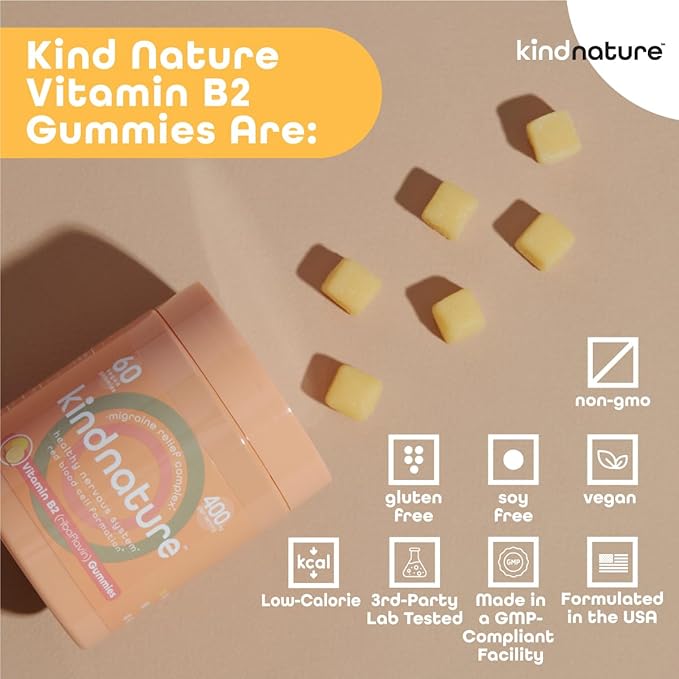 Kind Nature Vitamin B2 Gummies - Riboflavin 400mg Supplement for Kids & Adults - Non-GMO, Soy & Gluten-Free, Vegan Chewable Gummies (30 Day Supply)