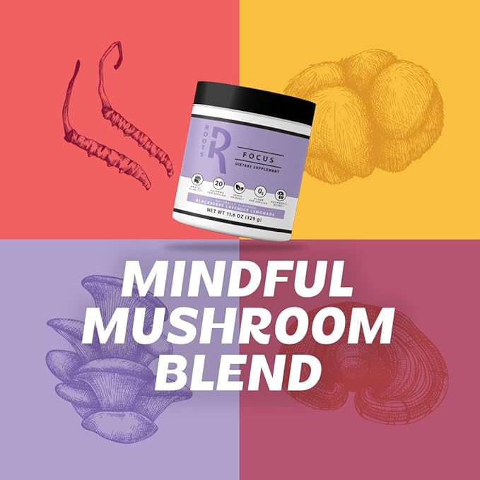 Roots Focus Nootropic Brain Supplement - Fruit Punch & Blackberry Lavender Lemonade- Lions Mane, Cordyceps & Reishi Functional Mushrooms+ Extended-Release Caffeine, 100 Servings