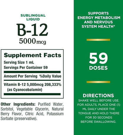 Nature's Bounty Vitamin B Complex Liquid, B12 Vitamin 5000 mcg, Nervous System Health & Cellular Energy Support, B Complex Vitamins for Women & Men, Vegetarian, 59 Servings, 2 Fl Oz