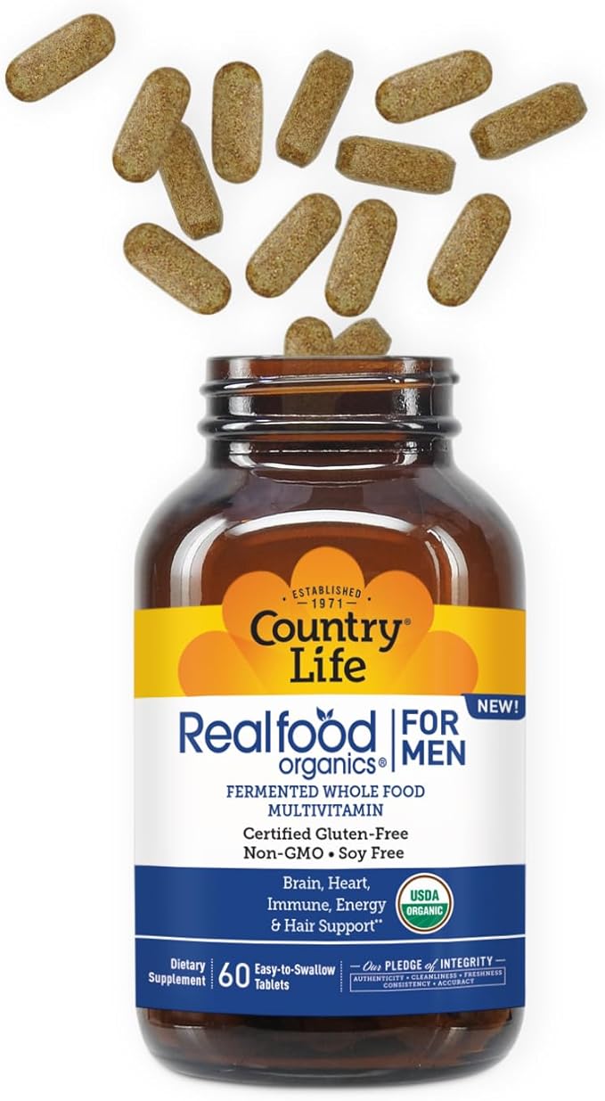 Country Life RealFood Organics for Men – 60 Tablets | 1,300mg Organic Fermented Whole Foods, 7-Mushroom Superfood & Aloe – Certified Gluten-Free, Vegan & USDA Organic Multivitamin