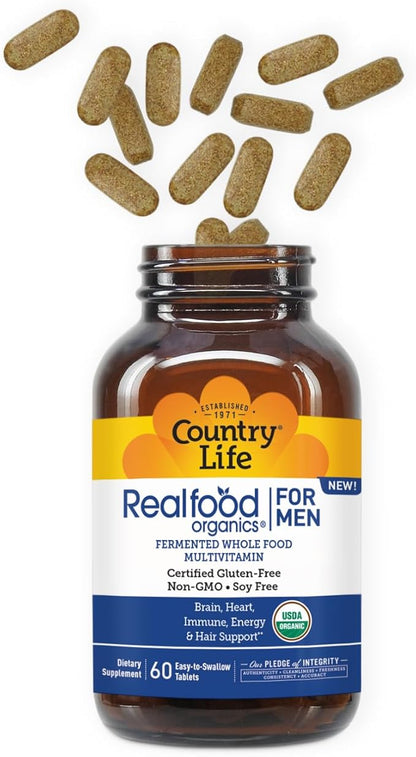 Country Life RealFood Organics for Men – 60 Tablets | 1,300mg Organic Fermented Whole Foods, 7-Mushroom Superfood & Aloe – Certified Gluten-Free, Vegan & USDA Organic Multivitamin
