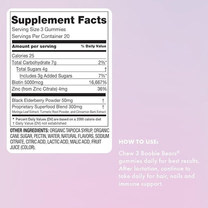 Boobie Bears Lactation Support Gummies | Helps As Milk Supply Booster & Supports Immune Health & Hair Growth | Breastfeeding Supplements with Zinc & Elderberry for Milk Supply Increase, 120 Count