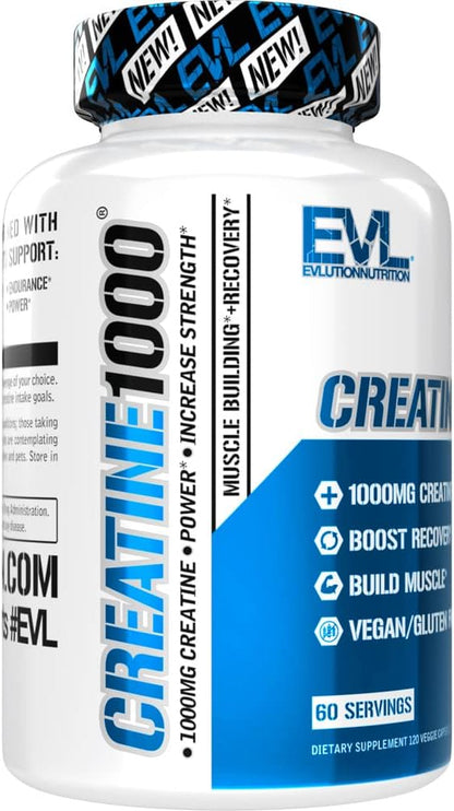 Evlution Pure Creatine Monohydrate Capsules 1000mg Nutrition Pre and Post Workout Recovery Vegan Creatine Pills for Gains and Muscle Recovery Supplement - Muscle Builder for Men