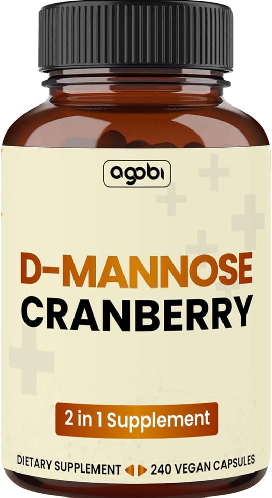 agobi D-Mannose and Cranberry Blend Capsules - 240 Vegan Pills for 80 Days - Super Concentrated Formula for UTI Health, Digestive & Immune Support - Gluten-Free, Non-GMO