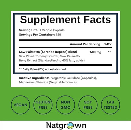 Natgrown Saw Palmetto Prostate Supplement for Men - DHT Blocker for Hair Growth and Decrease Frequent Urination - Vegan Capsules (120 Ct)