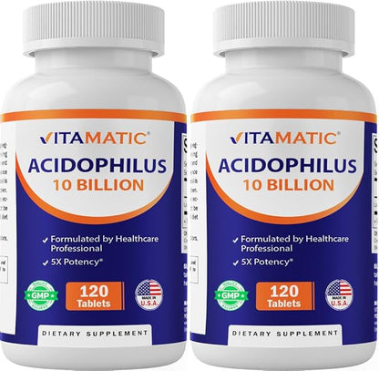 Vitamatic 2 Packs Acidophilus Probiotic - 10 Billion CFU - 120 Tablets - 5X Potency - Daily Probiotic Supplement, Supports Digestive Health (Total 240 Tablets)