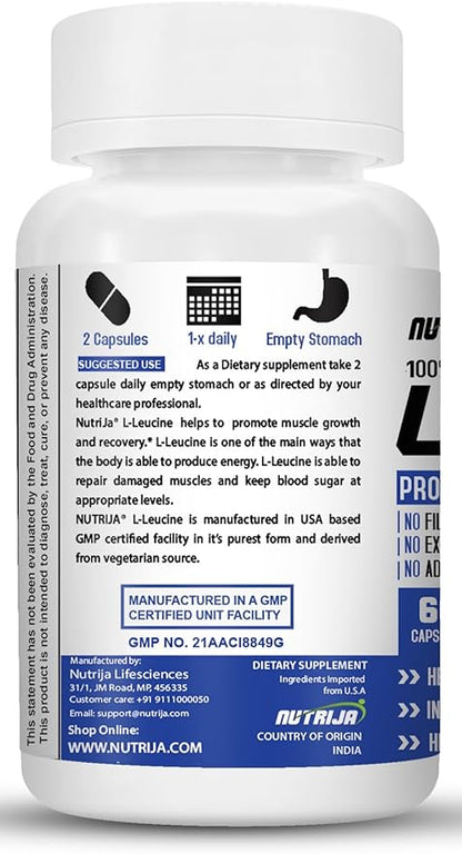 L-Leucine 1000mg Capsules | Promotes Lean Muscle Mass, Muscle Building & Strengthening (60 Capsules)