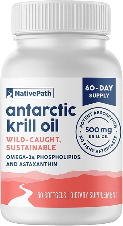 NativePath Antarctic Krill Oil - Wild-Caught Omega 3 Krill Oil 500mg Softgels with EPA, DHA and Astaxanthin - Supplement for Joint, Heart, Brain and Immunity - 60 ct - No Fishy Aftertaste