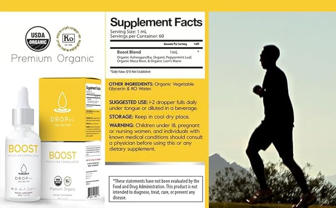 DropRx Boost by Dr. Nicole Saphier – Maca Root, Ashwagandha, Lions Mane & Peppermint Leaf Extract for Vitality Support, Non-GMO, Vegan, Gluten-Free, Kosher, Made in USA (2 Fl Oz)