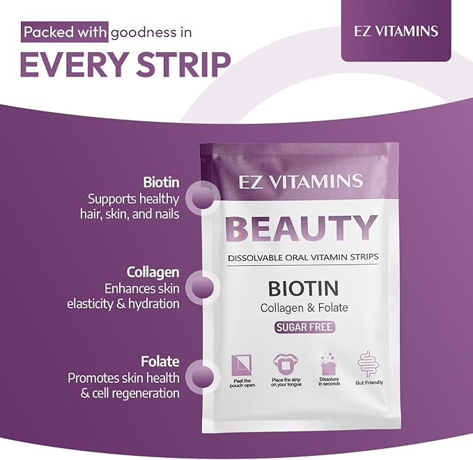 Oral Strips for Hair Growth, Glowing Skin & Strong Nails – Fast-Acting Biotin, Vitamin E, Collagen & Folate Supplement For Men & Women – 2X Faster Results, Strawberry Flavor, 30 Strips | Sugar Free