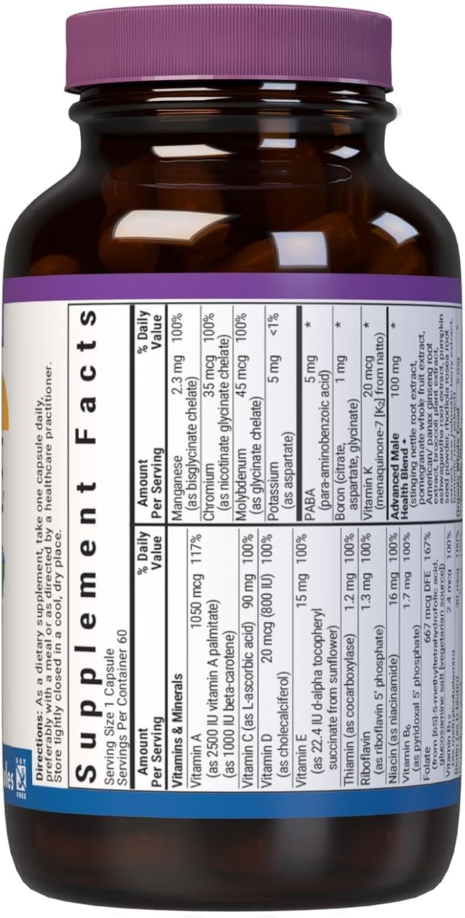Bluebonnet Nutrition One for Men Whole Food-Based Multiple, Daily Nutrition*, Non-GMO, Vegetarian Friendly, Kosher, Gluten-Free, Soy-Free, Dairy-Free, Iron Free, 60 Vegetable Capsules, 60 Servings