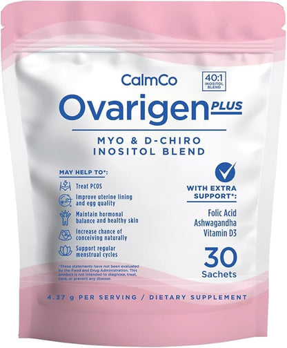 Ovarigen Plus, Myo & D-Chiro Inositol Blend Powder – 40:1 Blend with Folic Acid, Ashwagandha, and Vitamin D3 - Help Manage PCOS Symptom, Hormone Balance, and Natural Fertility Aid, 30 Sachets