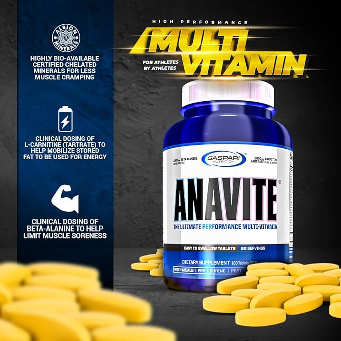 Gaspari Nutrition Anavite - Sports Multi-Vitamin with Amino Acids, Beta-Alanine and L-Carnitine, Enhanced Performance and Recovery, 180 Tablets