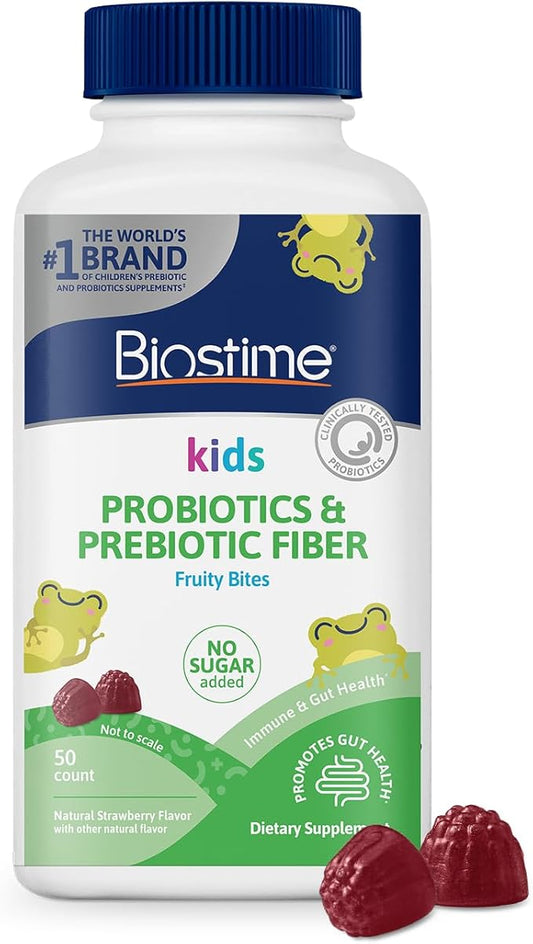 Biostime Kids Prebiotic & Probiotic Gummies (Ages 4+) | Probiotics for Kids | Includes 2 Billion CFU to Support Digestive Health| No added sugar Fruity Bites | Free from Top 9 Allergens |50 Count